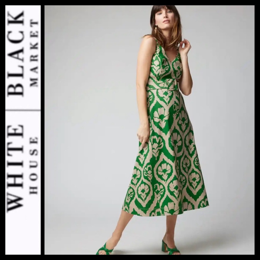 White House Black Market Green and Cream Patterned Midi Dress
